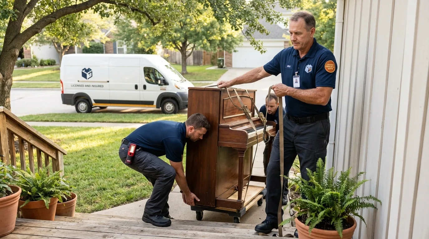 Licensed piano movers securing grand piano in Belmar, NJ